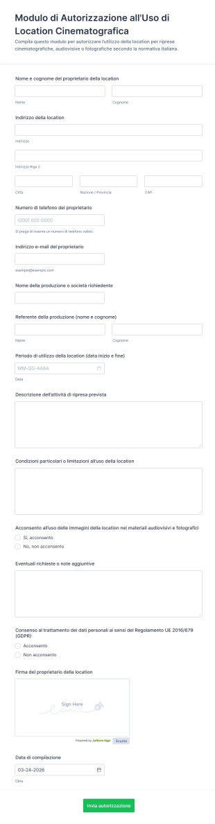 Modulo Di Autorizzazione All'Uso Di Location Cinematografica