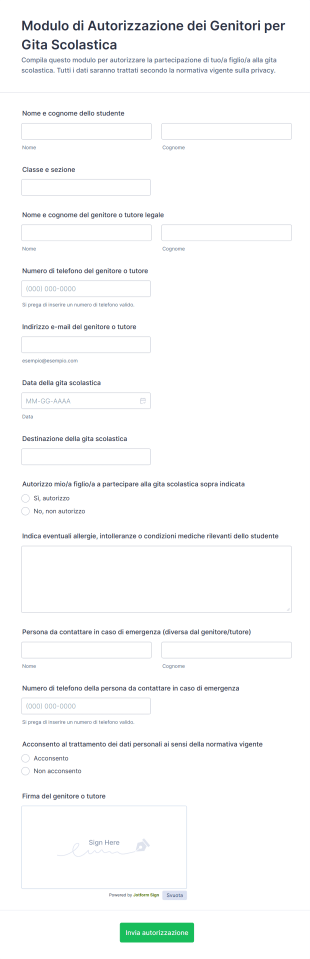 Modulo Di Autorizzazione Dei Genitori Per Gita Scolastica