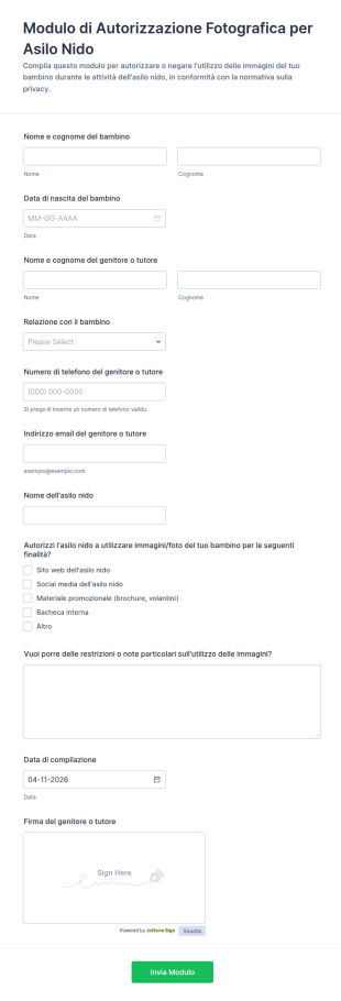 Modulo Di Autorizzazione Fotografica Per Asilo Nido