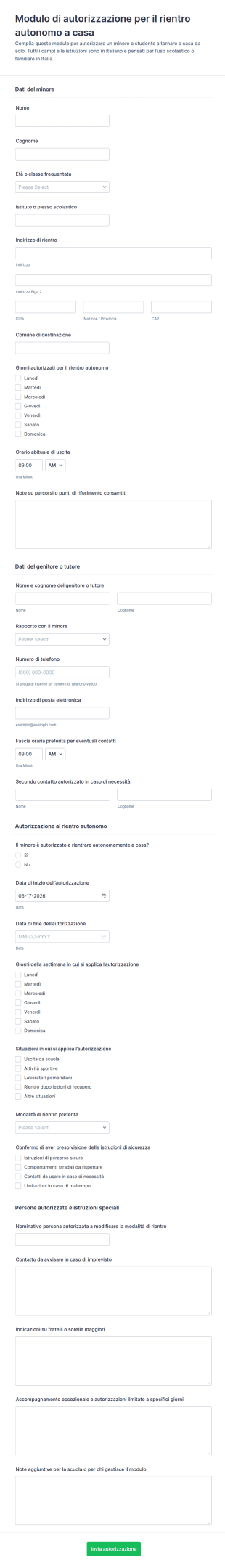 Modulo Di Autorizzazione Per Camminare Da Solo A Casa