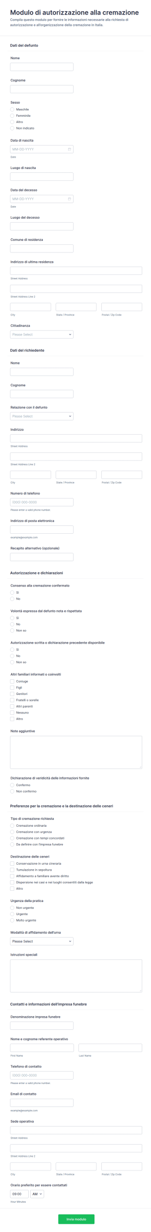 Modulo Di Autorizzazione Per Cremazione