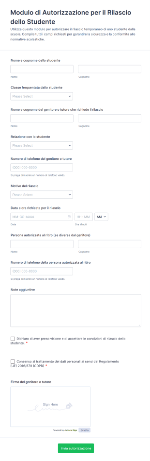 Modulo Di Autorizzazione Per Il Rilascio Dello Studente