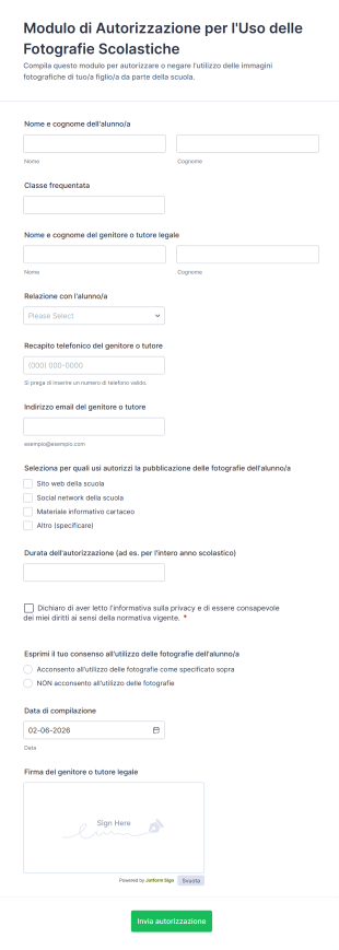 Modulo Di Autorizzazione Per L'Uso Delle Fotografie Scolastiche