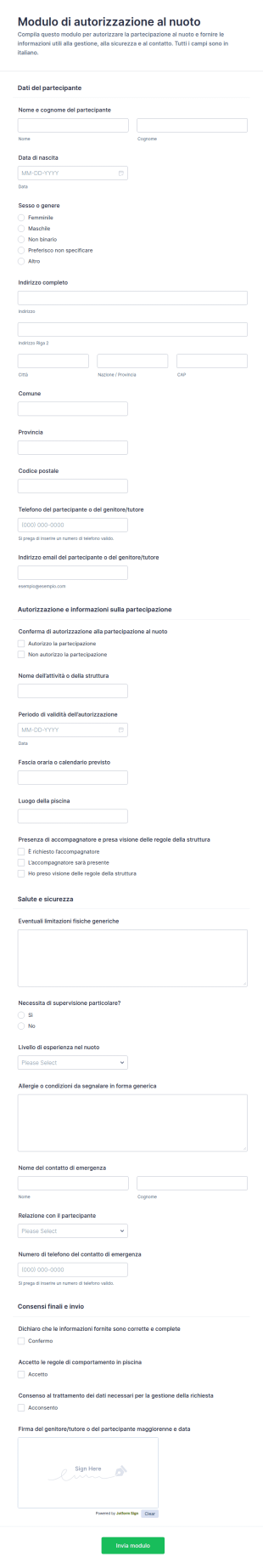 Modulo Di Autorizzazione Per Nuoto