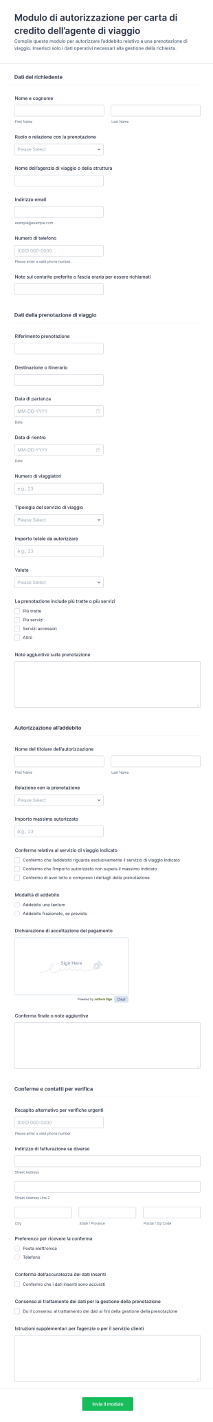 Modulo Di Autorizzazione Per Pagamento Di Un'agenzia Di Viaggi