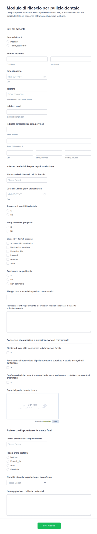 Modulo Di Autorizzazione Per Pulizia Dentale