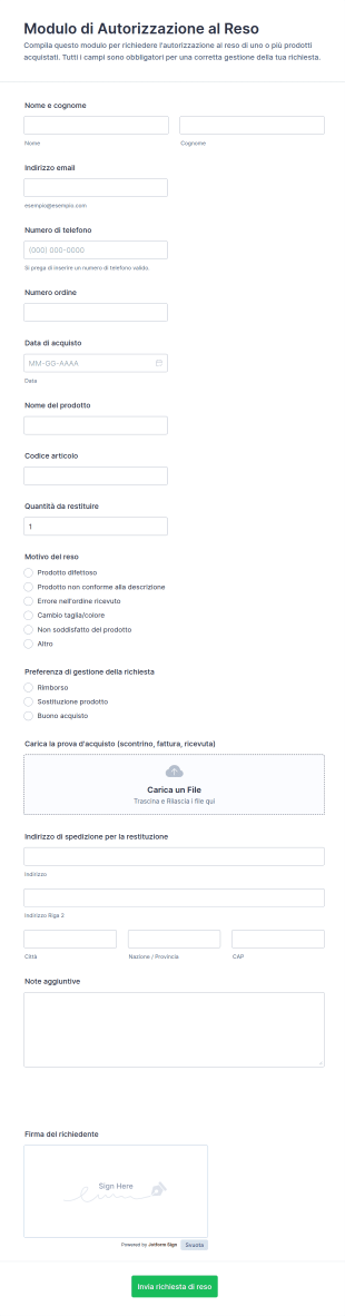 Modulo Di Autorizzazione Per Resi