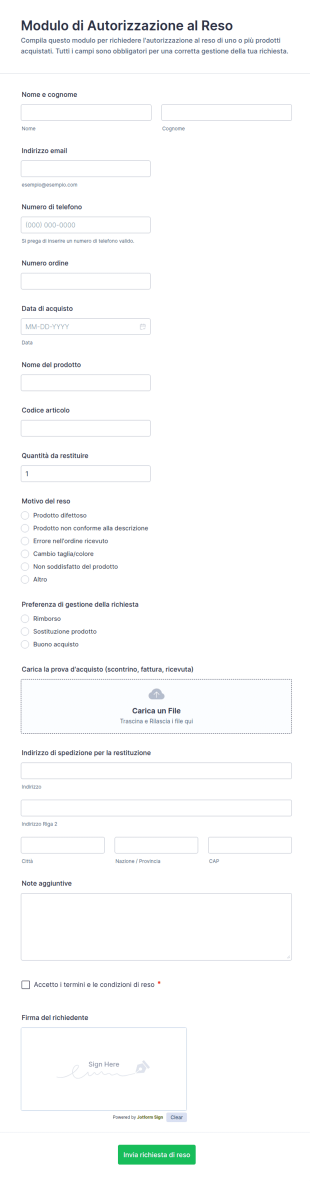 Modulo Di Autorizzazione Per Resi