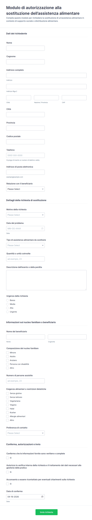Modulo Di Autorizzazione Per Sostituzione Assistenza Alimentare