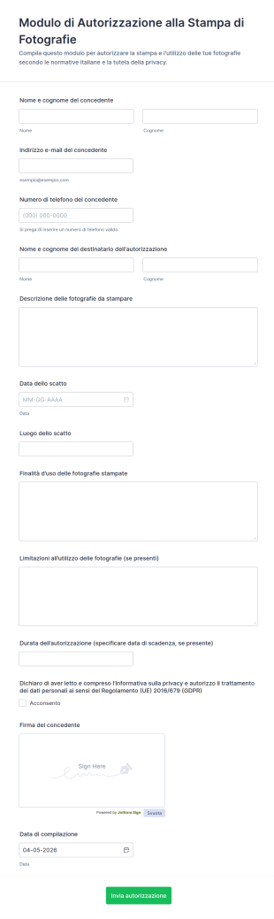Modulo Di Autorizzazione Per Stampa Fotografica