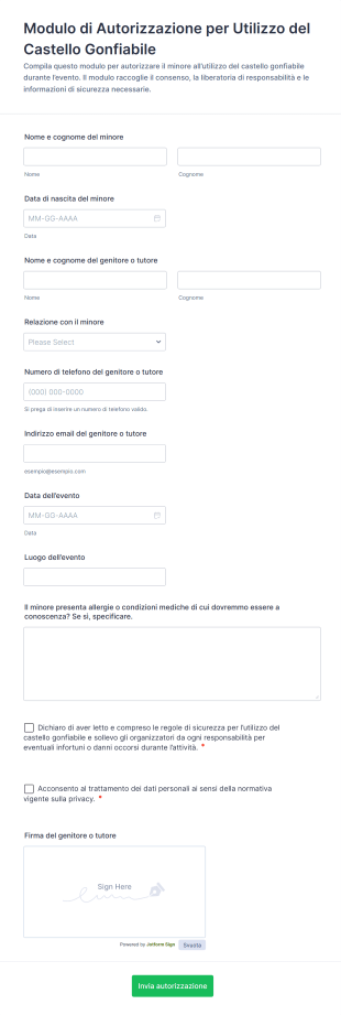 Modulo Di Autorizzazione Per Utilizzo Del Castello Gonfiabile