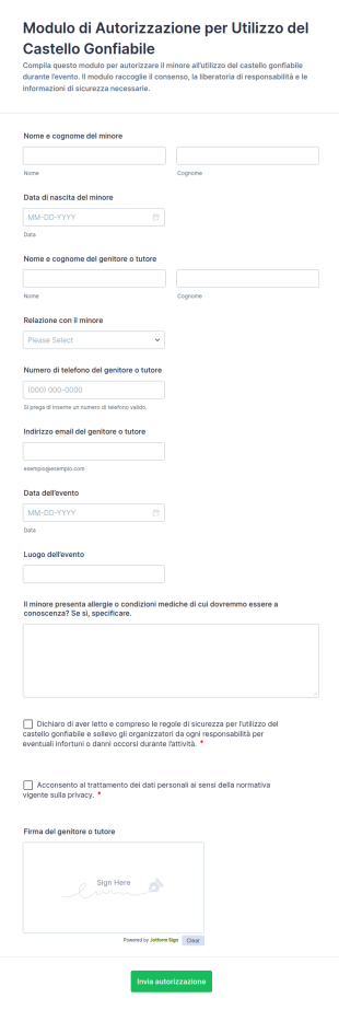 Modulo Di Autorizzazione Per Utilizzo Del Castello Gonfiabile
