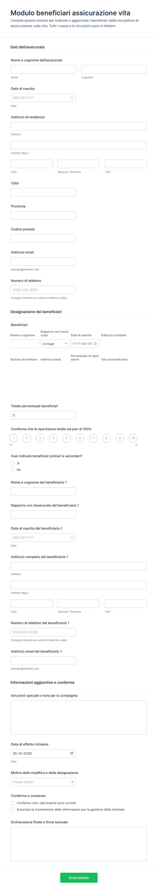Modulo Di Beneficiario Assicurazione Sulla Vita