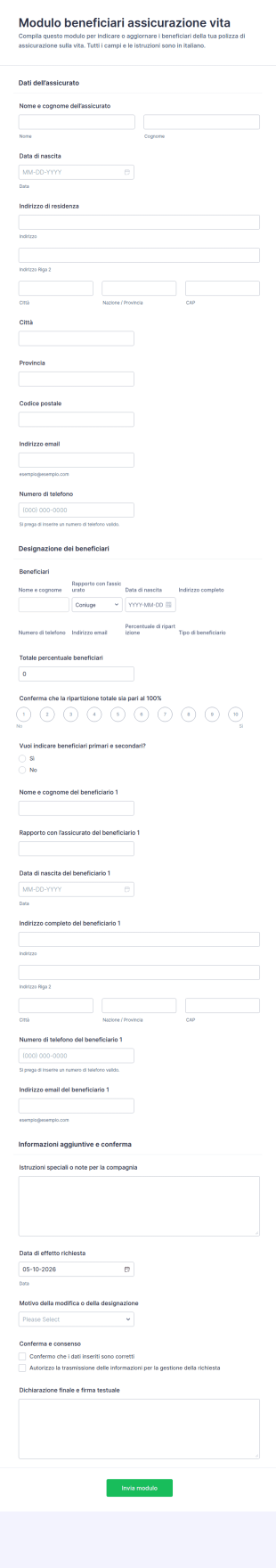 Modulo Di Beneficiario Assicurazione Sulla Vita