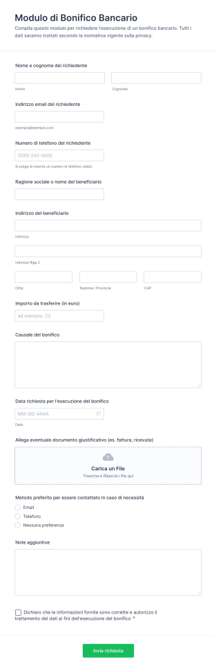 Modulo Di Bonifico Bancario