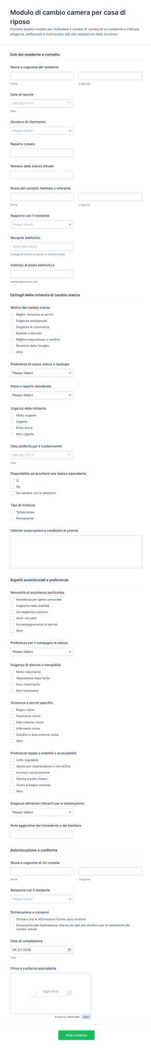 Modulo Di Cambio Stanza In Residenza Assistenziale