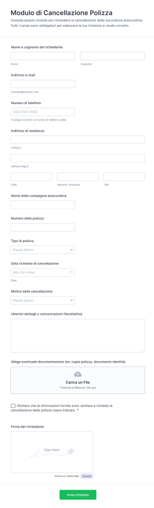 Modulo Di Cancellazione Polizza | Jotform