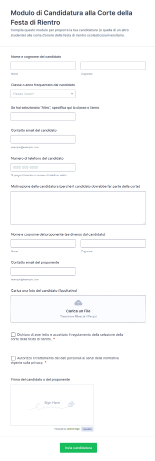 Modulo Di Candidatura Alla Corte Della Festa Di Rientro