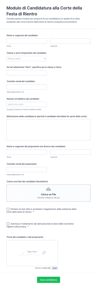 Modulo Di Candidatura Alla Corte Della Festa Di Rientro