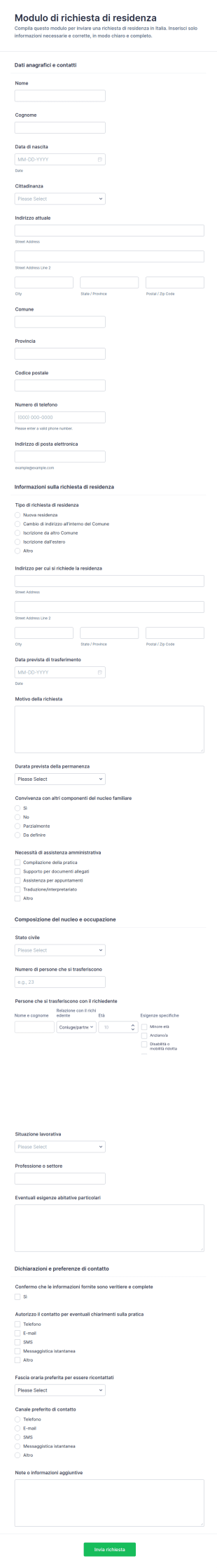Modulo Di Candidatura Alla Residenza