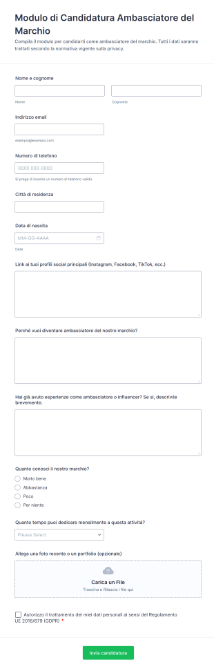 Modulo Di Candidatura Ambasciatore Del Marchio