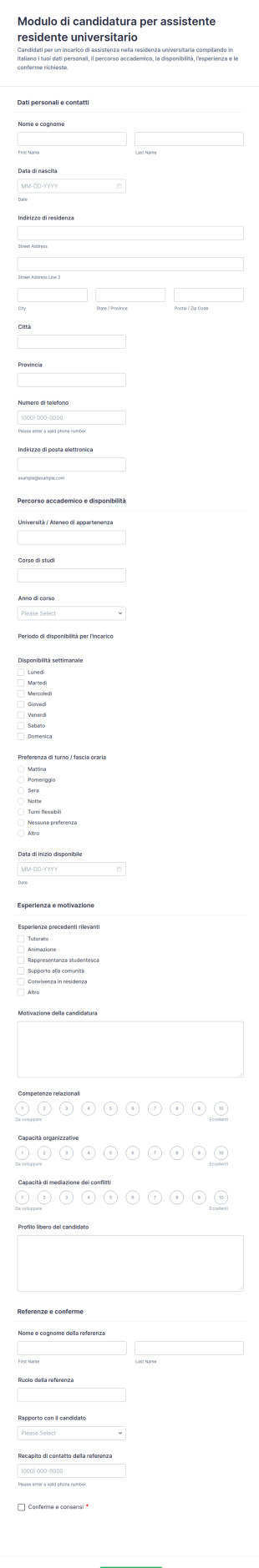 Modulo Di Candidatura Per Assistente Residenziale Universitario