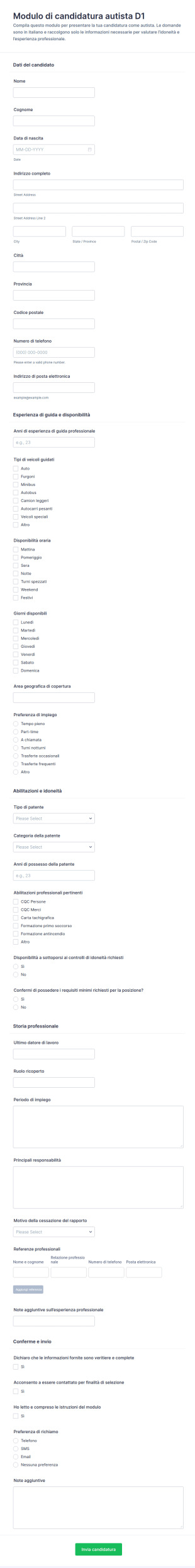 Modulo Di Candidatura Per Autista D1