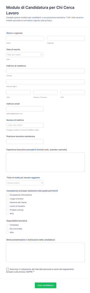 Modulo Di Candidatura Per Chi Cerca Lavoro