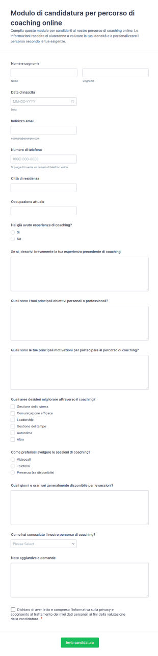 Modulo Di Candidatura Per Coaching