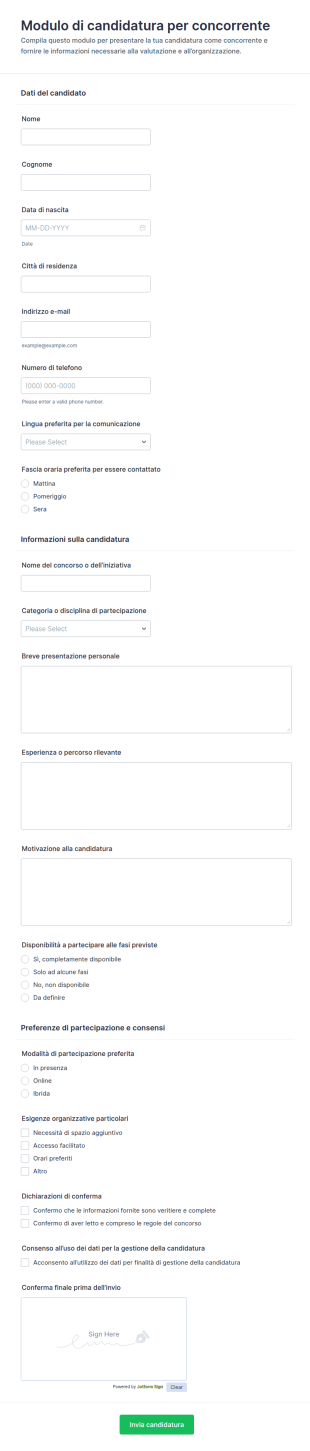 Modulo Di Candidatura Per Concorrenti