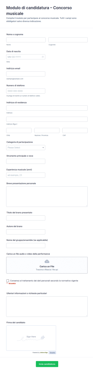 Modulo Di Candidatura Per Concorso Musicale