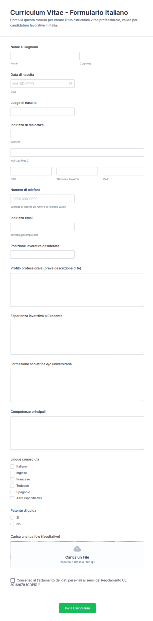 Modulo Di Candidatura Per Curriculum