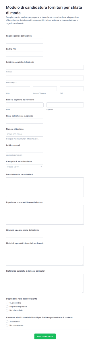 Modulo Di Candidatura Per Fornitori Di Sfilate