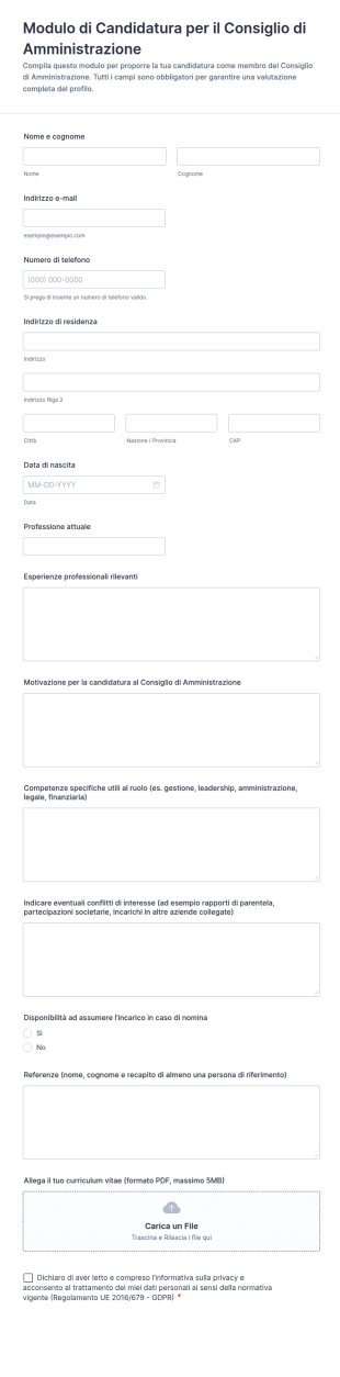 Modulo Di Candidatura Per Il Consiglio Di Amministrazione