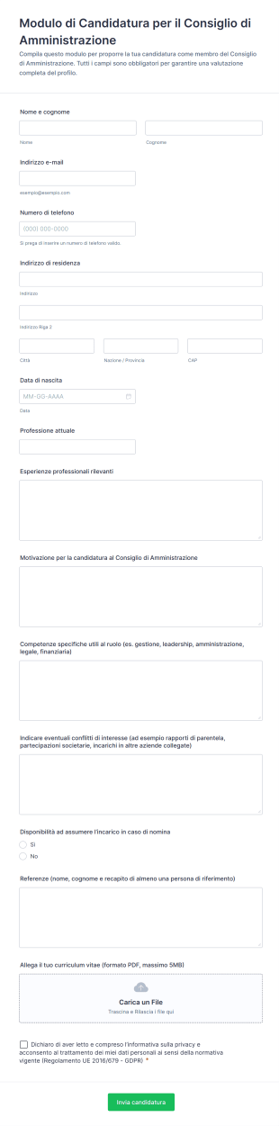 Modulo Di Candidatura Per Il Consiglio Di Amministrazione
