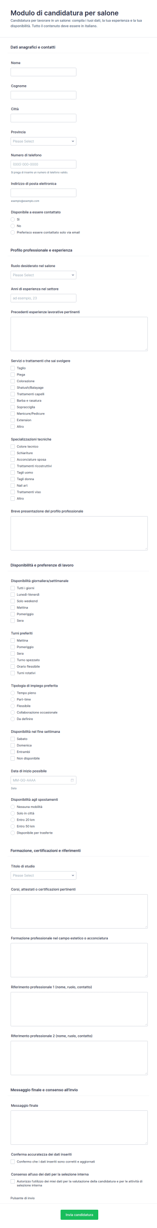 Modulo Di Candidatura Per Il Lavoro In Salone