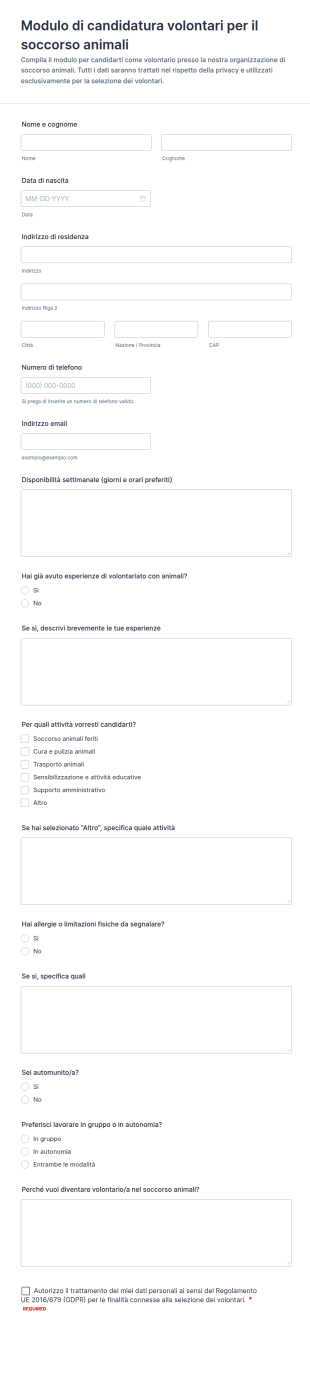 Modulo Di Candidatura Per Il Soccorso Animali
