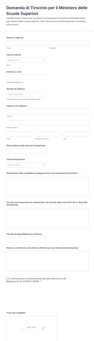 Modulo Di Candidatura Per Il Tirocinio Nel Ministero Delle Scuole Superiori