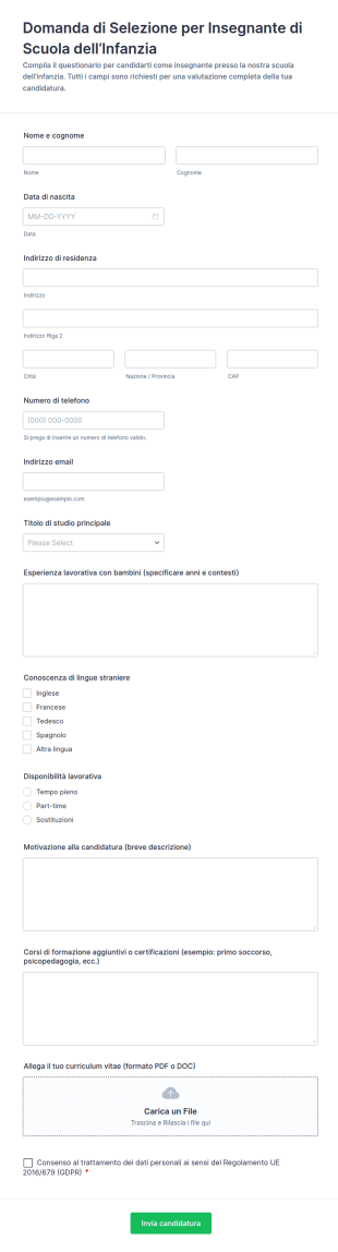 Modulo Di Candidatura Per Insegnante Di Scuola Dell'infanzia