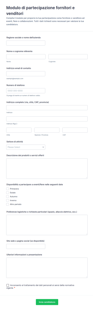 Modulo Di Candidatura Per La Partecipazione Dei Fornitori