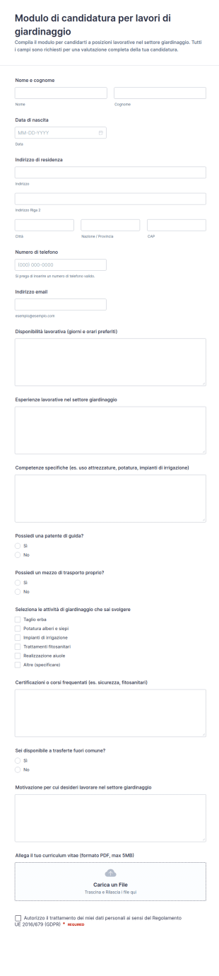 Modulo Di Candidatura Per Lavoro Di Giardinaggio