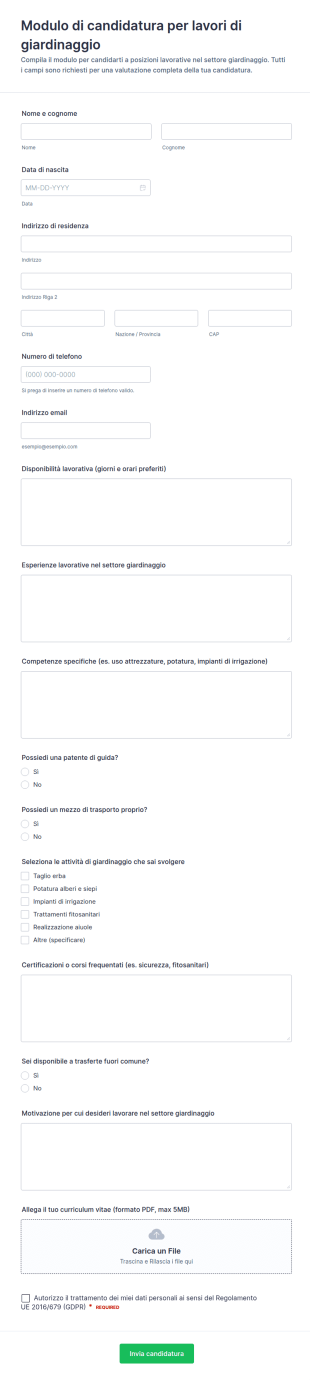 Modulo Di Candidatura Per Lavoro Di Giardinaggio