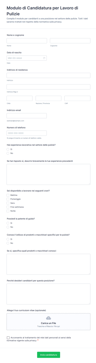 Modulo Di Candidatura Per Lavoro Di Pulizie