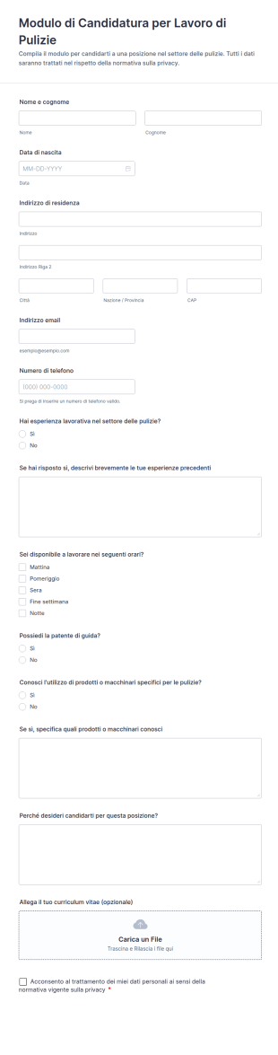 Modulo Di Candidatura Per Lavoro Di Pulizie