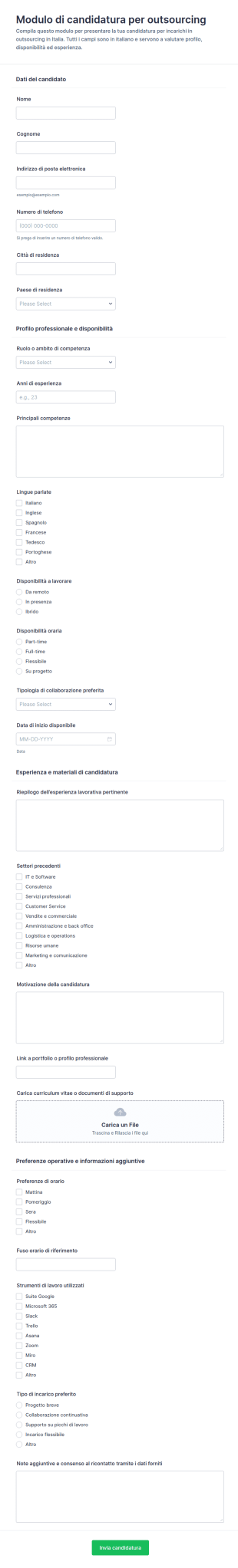 Modulo Di Candidatura Per Lavoro In Esternalizzazione