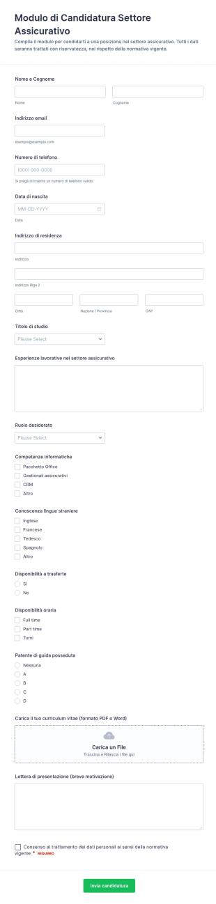Modulo Di Candidatura Per Lavoro Nel Settore Assicurativo