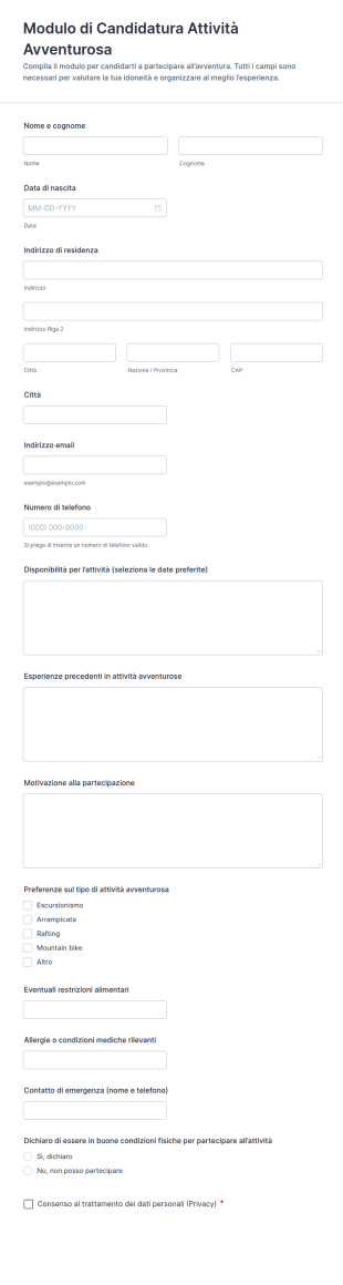 Modulo Di Candidatura Per L’avventura