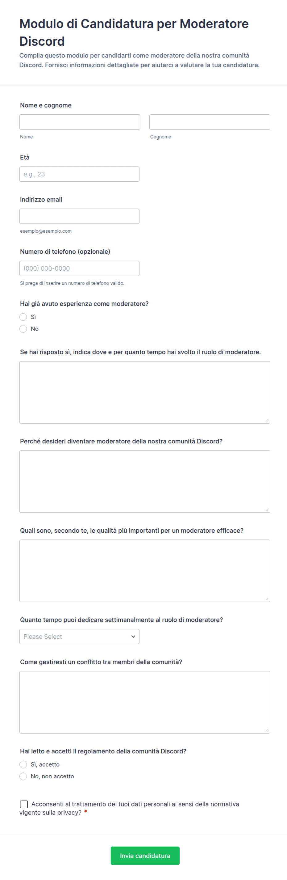 Modulo di Candidatura per Moderatore Discord | Jotform
