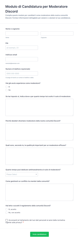 Modulo Di Candidatura Per Moderatore Discord