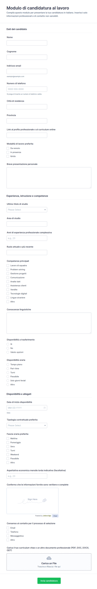 Modulo Di Candidatura Per Posizione Lavorativa
